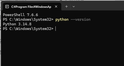 PowerShellでPython 3.14.8のバージョンが表示された画面