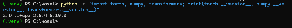 PyTorch 2.14.1+cpu、NumPy 2.5.4、Transformers 5.19.0が表示されたPowerShell画面